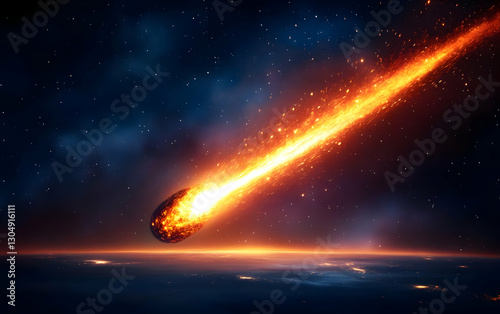 A striking depiction of a comet streaking through the night sky, illuminating the cosmos with vibrant fiery hues. photo