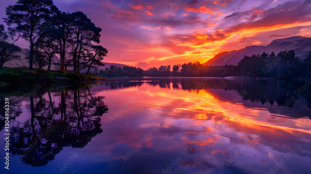 Obraz premium Serene Lakeside Sunset with Vibrant Sky Reflections and Silhouetted Trees