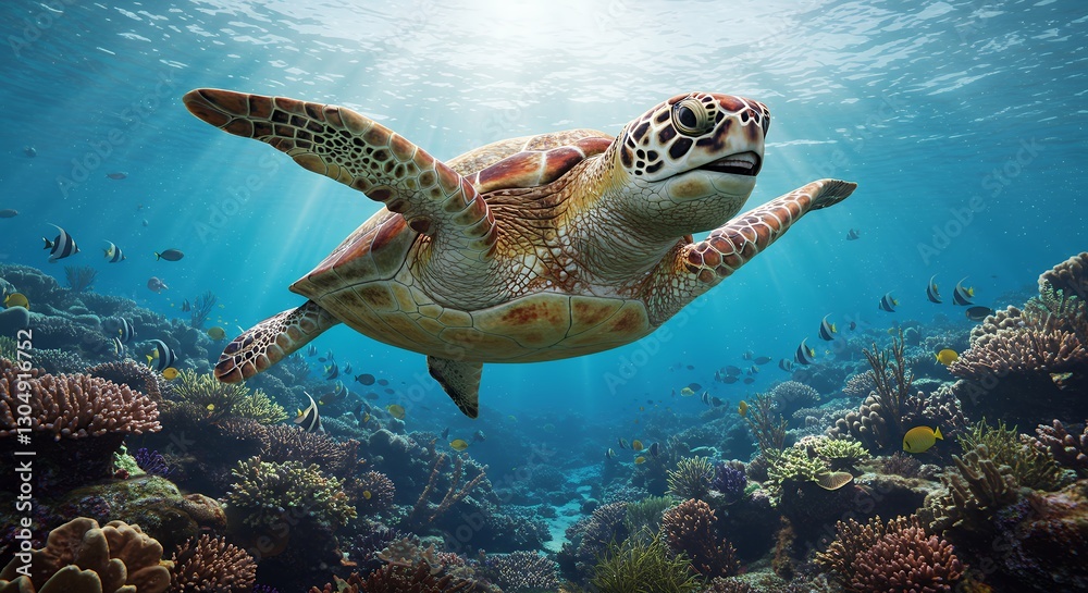 Obraz premium Sea Turtle Swimming Gracefully Underwater among Vibrant Coral Reefs and Fish