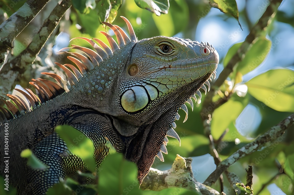 Iguana in the Tropical Forest amidst lush foliage, hiding in a tree branch, sharp eyes watching every movement. The humid tropical habitat is the perfect place for this reptile Iguana in the Tropical Forest amidst lush foliage, hiding in a tree branch, sharp eyes watching every movement. The humid tropical habitat is the perfect place for this reptile