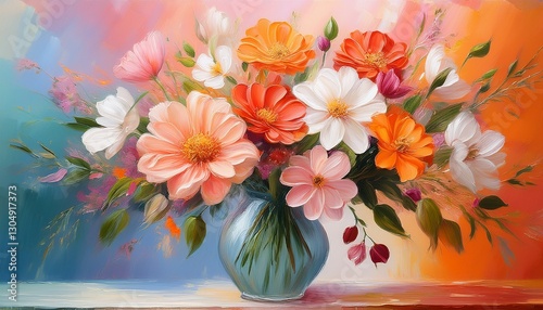 elegant oil painting of a floral bouquet in a vase with vibrant orange white and pink flowers against a colorful abstract background in soft pastel tones