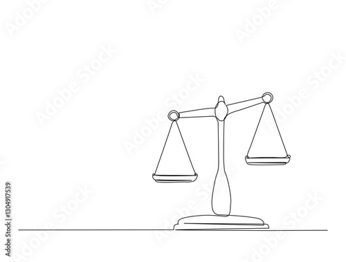 Continuous one line drawing of justice scale or law scales. Libra symbol in single line draw illustration. Editable stroke.
