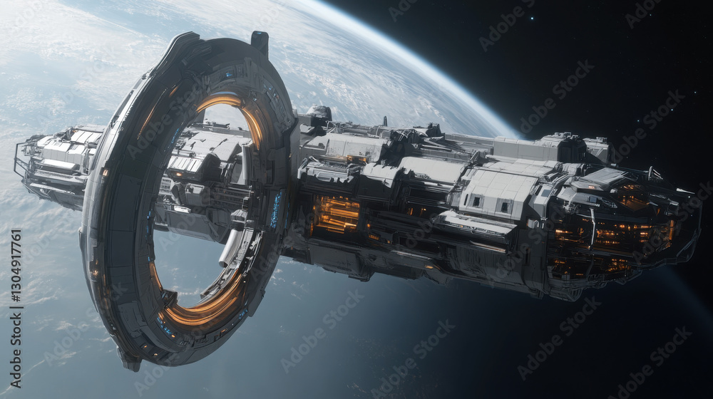 Futuristic spacecraft orbiting earth with advanced technologies and detailed structural design