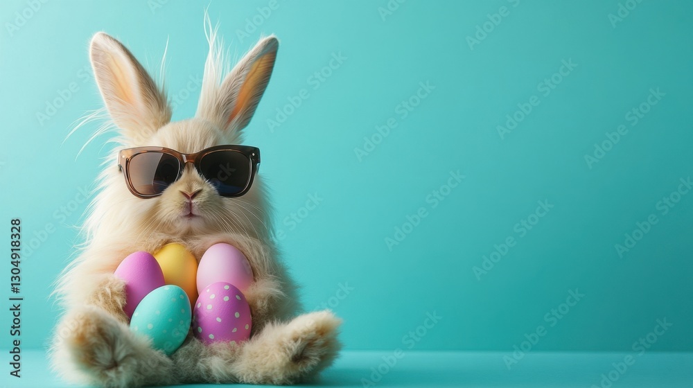Fototapeta premium Cute Bunny with Sunglasses Holding Colorful Easter Eggs on a Bright Turquoise Background Perfect for Spring and Festive Celebrations