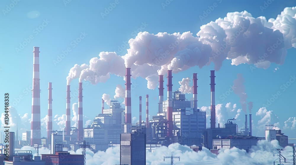 Tall industrial towers release steam into a bright blue sky Tall industrial towers release steam into a bright blue sky