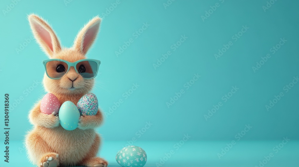 Fototapeta premium Cute bunny with sunglasses holding colorful Easter eggs on a bright turquoise background, celebrating spring and holiday festivities in a playful manner