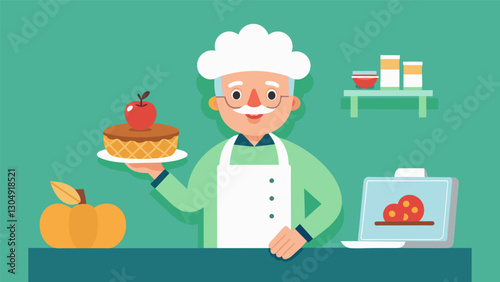 Tune in to witness the charming wisdom of our elderly chef as they showcase their signature dish a classic apple pie made from scratch.. Vector illustration