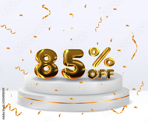 85% off discount sale fund. 3D golden numbers. 85% discount on 3D. with percentage sign. Promotion template design.