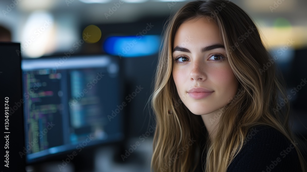 Woman portrait in front of a computer at work. Woman portrait in front of a computer at work.