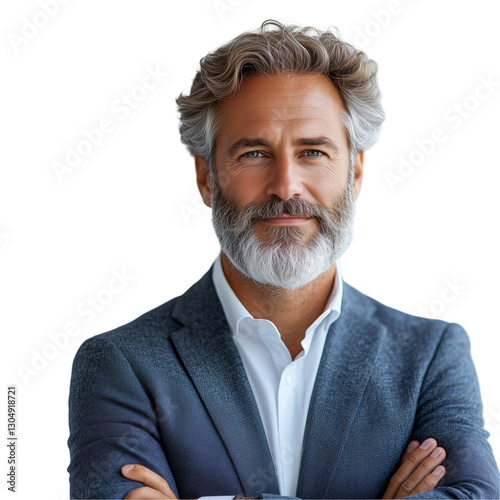 Professional portrait of a mature man, confident pose in a bright setting, emanating confidence and leadership, suitable for business or corporate lifestyle contexts.