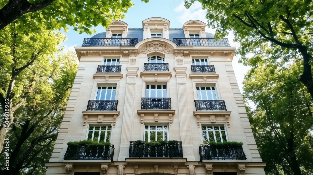 Obraz premium Haussman building street in Paris with green trees.