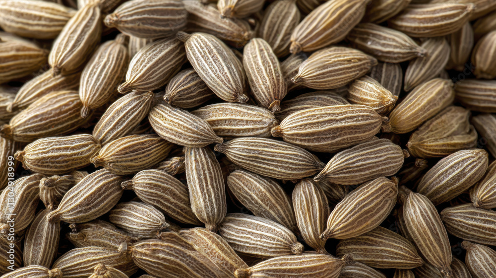 Cumin seeds in close up view, showcasing their textured surface and earthy tones. Perfect for culinary uses and spice collections Cumin seeds in close up view, showcasing their textured surface and earthy tones. Perfect for culinary uses and spice collections
