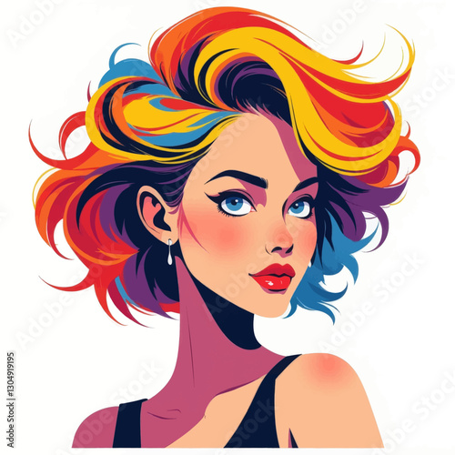 Stylish woman with rainbow-colored voluminous hair