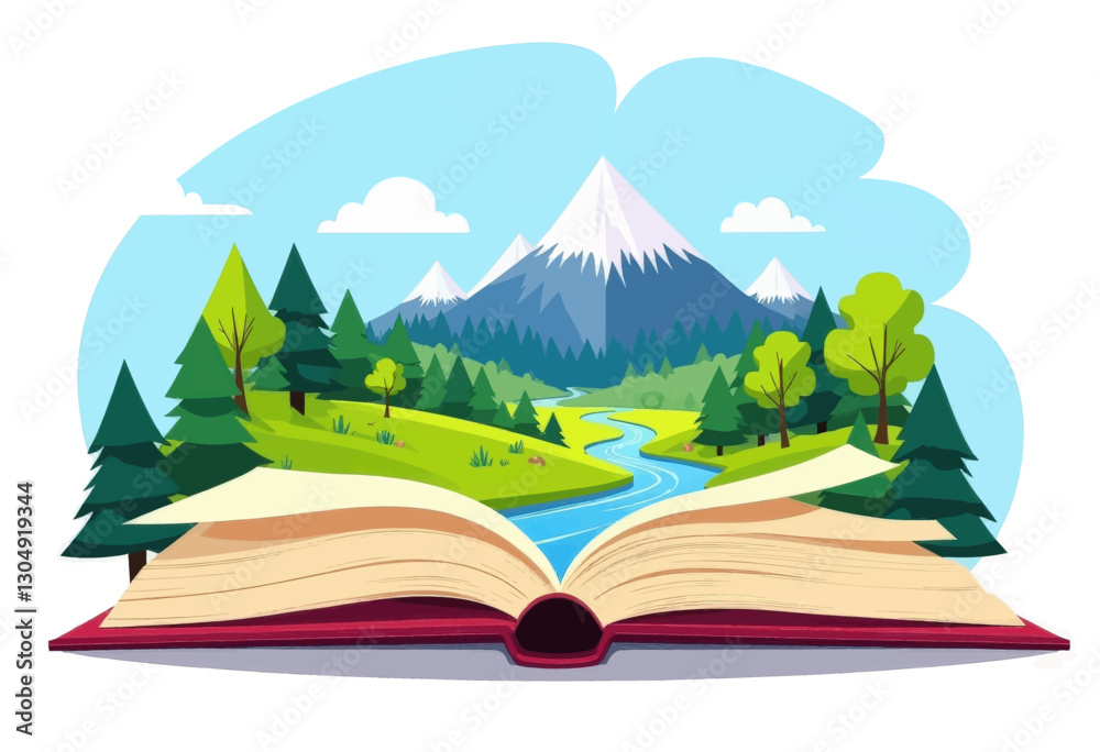 Story book showing a beautiful landscape with a snowy mountain