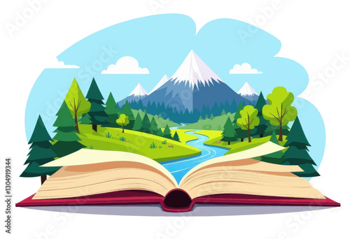 Story book showing a beautiful landscape with a snowy mountain