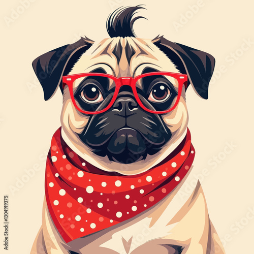 Stylish Pug with Red Glasses and Polka Dot Scarf
