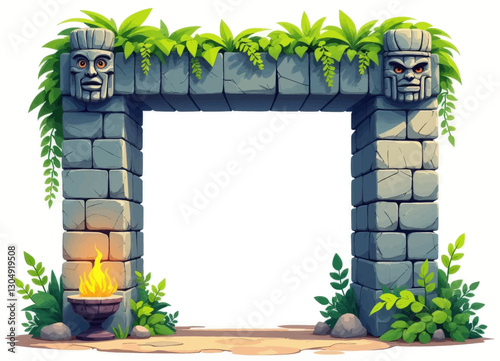 Stone archway with Aztec heads, fire, and lush greenery