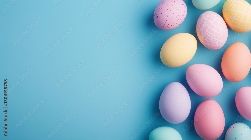 Obraz premium Colorful Easter eggs scattered on a vibrant blue background, perfect for spring celebrations, festive decorations, and holiday-themed projects