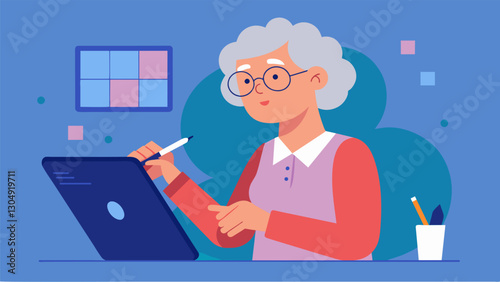With a tablet in hand a senior woman takes diligent notes as she learns how to edit photos in a workshop focused on image editing software.. Vector illustration