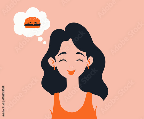 Smiling Woman dreaming of a Burger on pink background