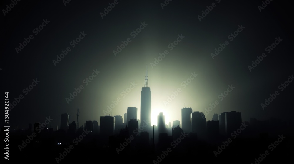 Obraz premium Dramatic Cityscape Silhouette with Towering Building and Glowing Light