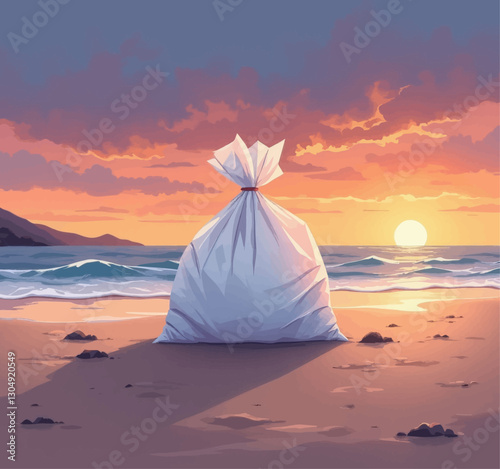 Single garbage bag on sunset beach, littering concept