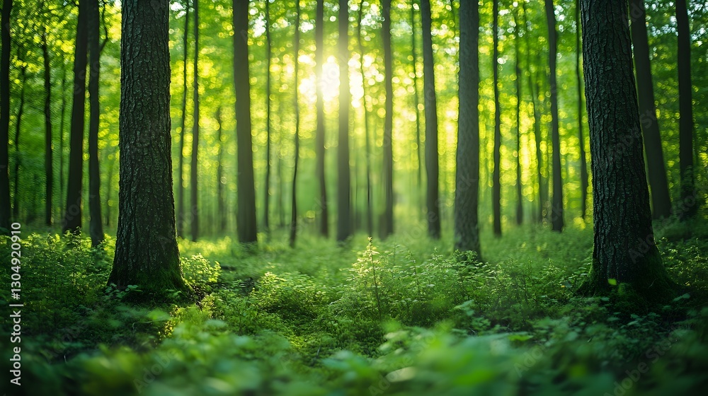 Obraz premium Lush green forest landscape featuring tall trees and soft grass in foreground