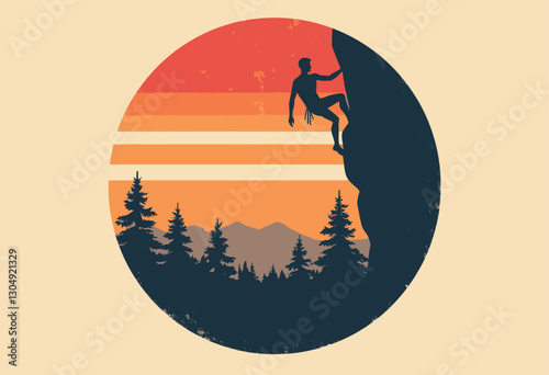 Retro Rock Climber Silhouette with Sunset and Forest Pine Trees