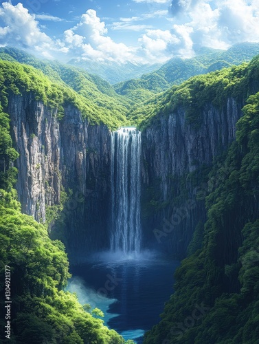 Majestic waterfall cascading into serene pool surrounded by lush green mountains and vibrant clouds under a bright blue sky