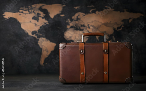 A vintage leather suitcase positioned in front of a world map, symbolizing adventure and wanderlust. photo