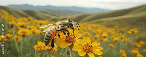 A bee collecting pollen from vibrant yellow flowers in a sunny meadow.