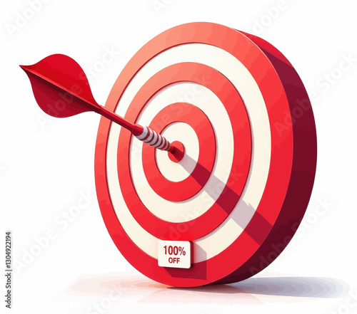 Red dart hitting 100% target bullseye center