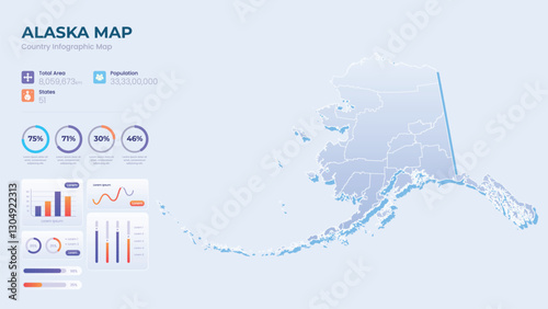 Infographic Map of Alaska. Total Area, Papulation, States & More Detailed Infographic Map of Alaska. Vector Illustration