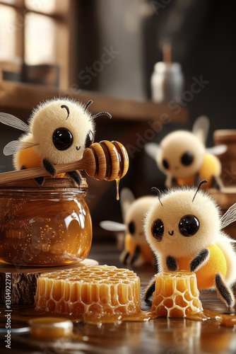 Illustration mignonne d'abeilles en 3D avec du miel et des pots de miel.
 photo