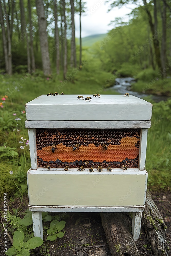 Bees swarm hive on forest floor. Stream, trees create natural backdrop. Nature-themed article use Bees swarm hive on forest floor. Stream, trees create natural backdrop. Nature-themed article use