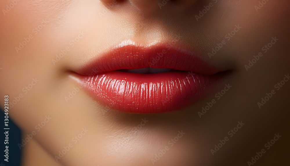 Obraz premium Close-up of beautiful lips with vibrant lipstick, showcasing elegance and beauty in a stunning portrait.
