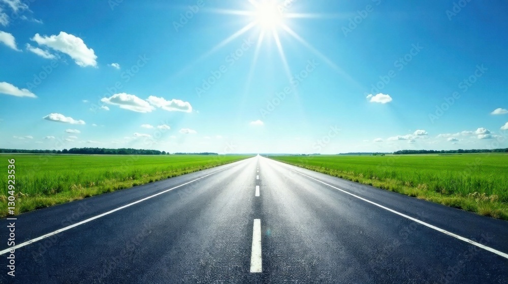 Asphalt road stretching to a bright horizon under a vivid summer sky, flanked by verdant fields Asphalt road stretching to a bright horizon under a vivid summer sky, flanked by verdant fields