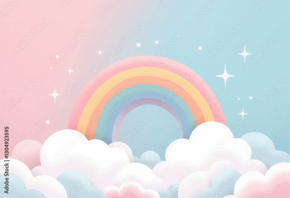 Pastel rainbow over clouds with stars, pink and blue background Pastel rainbow over clouds with stars, pink and blue background