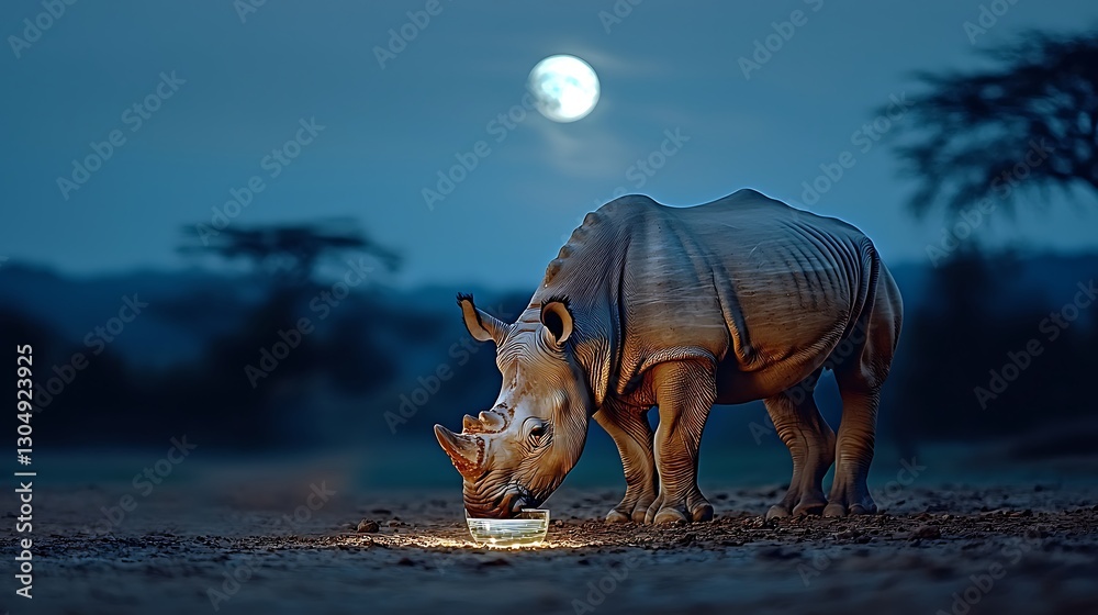 Fototapeta premium A rhinoceros drinking water from a bowl under a full moon in a serene landscape at dusk