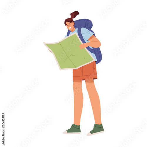 Backpacker girl looking at map searching for navigation and direction. Vector isolated female personage with bag on shoulder, checking current location. Mountains trekking and traveling hobby