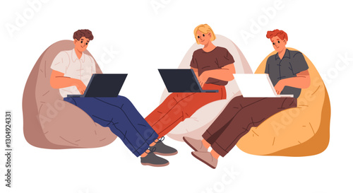 Employees with laptops sitting in comfortable chairs in office. Vector isolated people working on project. Teamwork or brainstorming, business development. Team dealing with tasks together