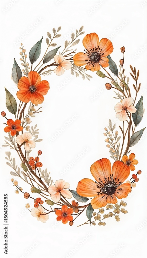 Fototapeta premium Beautiful watercolor floral wreath with orange and cream flowers