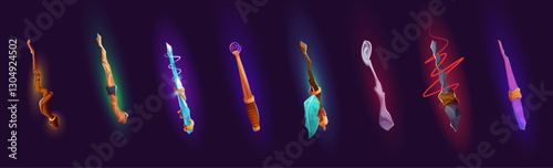 Wizard sorcerer magic wands collection, cartoon witch sticks with glowing effect. Vector isolated set of wooden and metal twisted rods. Fantasy game assets, magician fairy tale staff