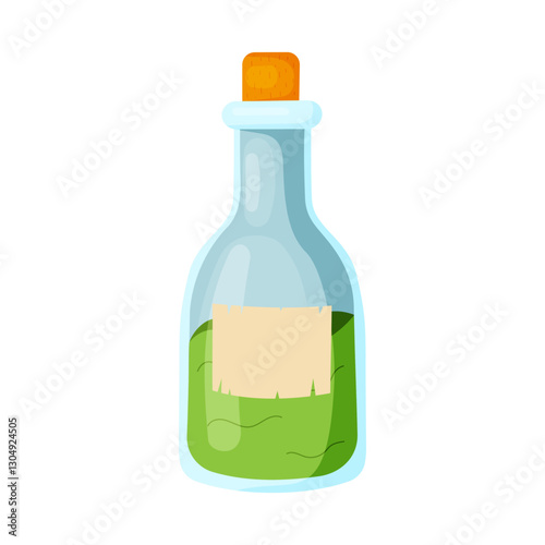 Magic green potion in a glass bottle with a stopper in flat style isolated on white background. Vector illustration