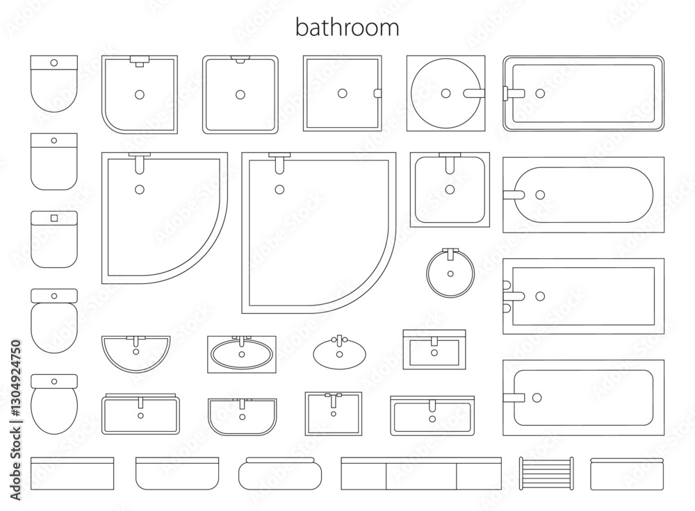 Fototapeta premium Interior design plan or scheme, isolated furniture for bathroom. Vector flat cartoon, schematic top view. Bathtubs and showers, sinks and cabinets, shelves and toilets for room, decor planning