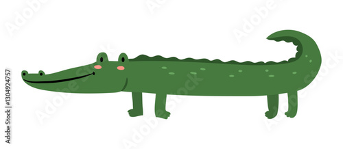 Crocodile or alligator isolated personage with blush on face. Vector wild predatory tropical or jungle animals. Dangerous amphibian reptiles. Cute cartoon zoo characters for nursery decor