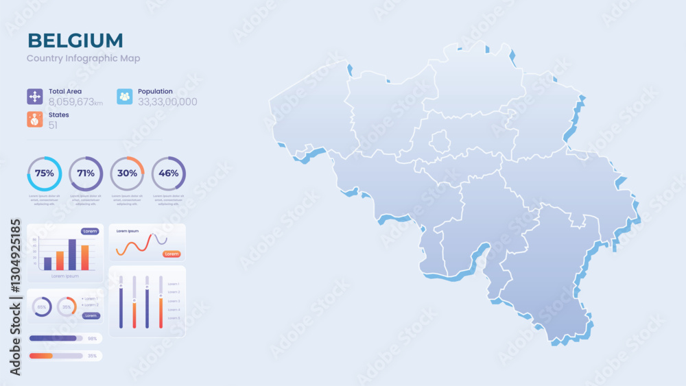 Infographic Map of Belgium. Total Area, Papulation, States & More Detailed Infographic Map of Belgium. Vector Illustration Infographic Map of Belgium. Total Area, Papulation, States & More Detailed Infographic Map of Belgium. Vector Illustration