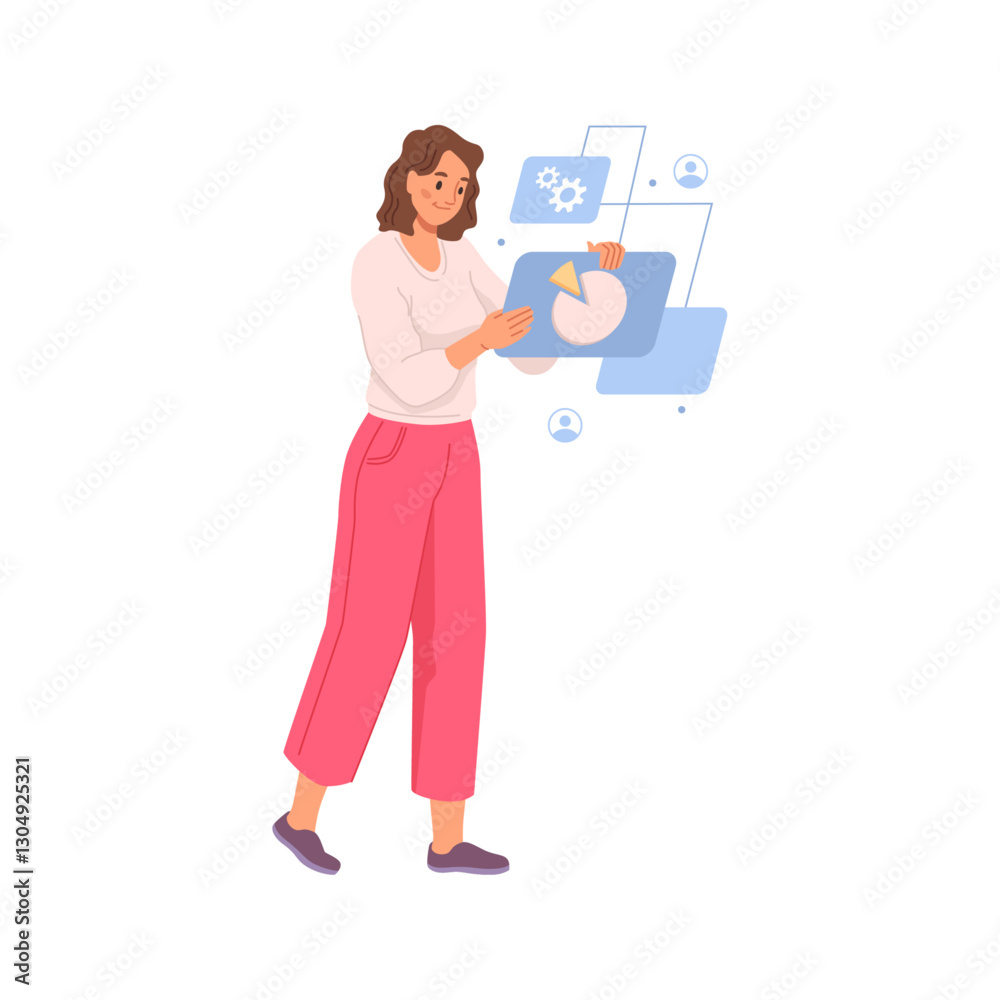 Woman makes research of custom behavior, behavioral analysis impact, sales and charts research. Vector girl shopping and searching new ideas for consumption strategy development, flat cartoon Woman makes research of custom behavior, behavioral analysis impact, sales and charts research. Vector girl shopping and searching new ideas for consumption strategy development, flat cartoon