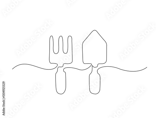 Continuous one line drawing of farmers shovel and rake. Garden shovel in single line draw illustration. Editable stroke.