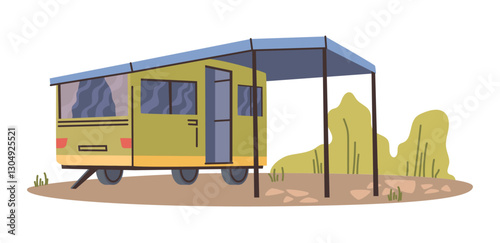 Traveling and riding, staying for night in forest, camper van with sun shelter. Vector vehicle with conveniences for trip. Car with place for sleeping and preparing food. Adventures and vacation